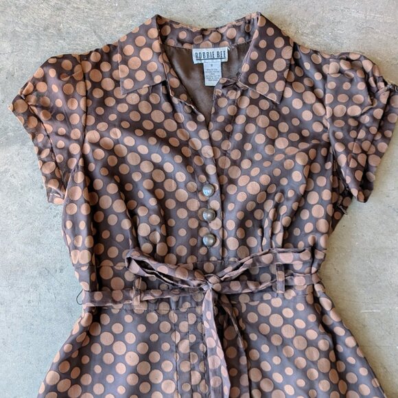 Vintage Robbie Bee Brown Polka Dot Belted Shirt Dress size 8 - Picture 3 of 8